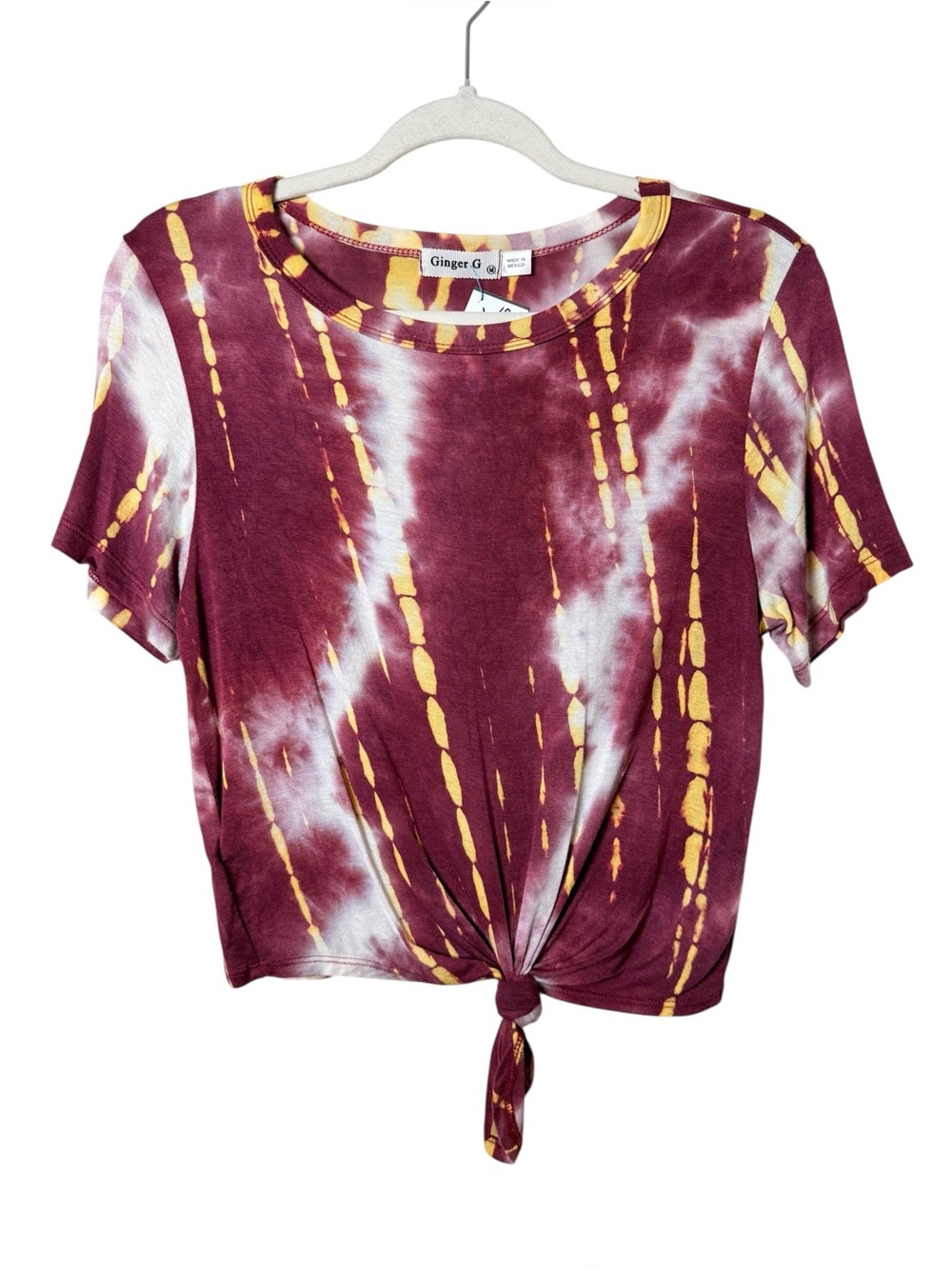 Ginger G Medium Maroon and Yellow Tie-Dye Tie-Front Short Sleeve Top